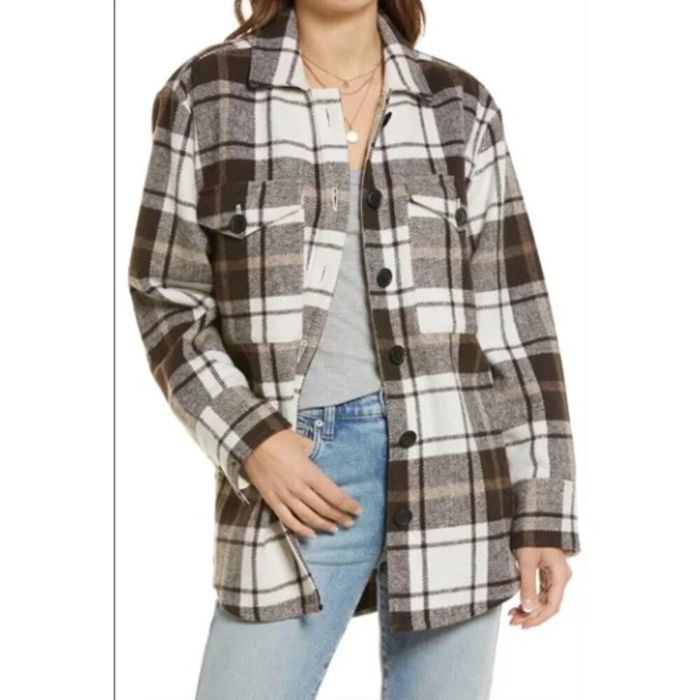 TREASURE & BOND Nordstrom Brown & White Wool Blend Plaid Shacket // XS - Picture 3 of 12